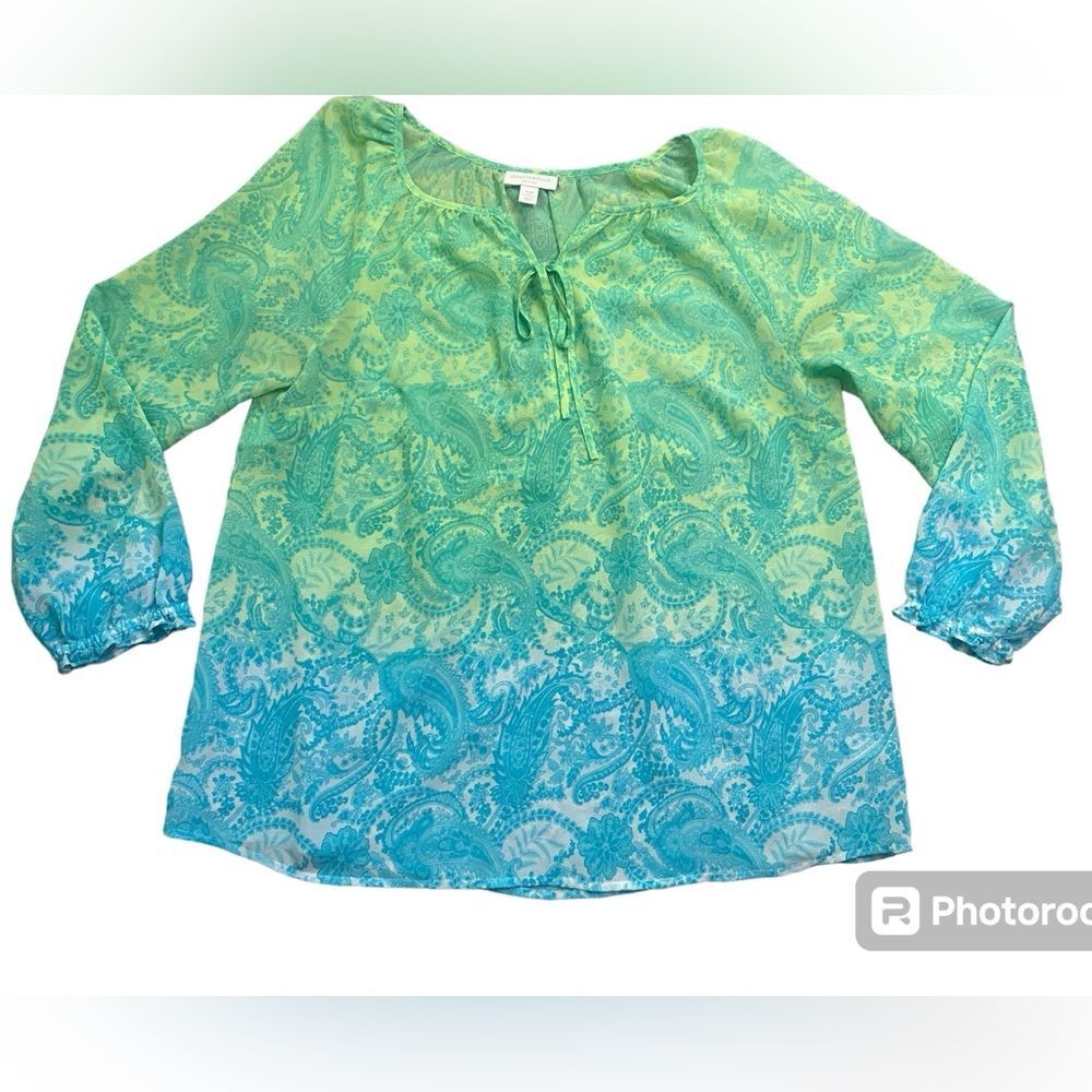 Charter Club Petite Blue and Green Paisley Ombre Blouse
